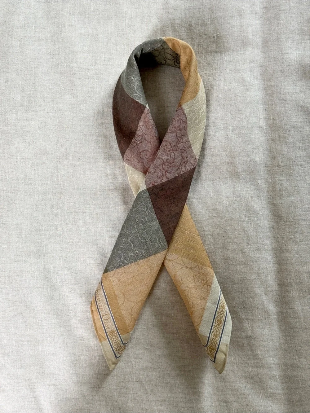 Vintage Dior Jacquard Woven Plaid Cotton Linen Bandana Scarf Made in Japan